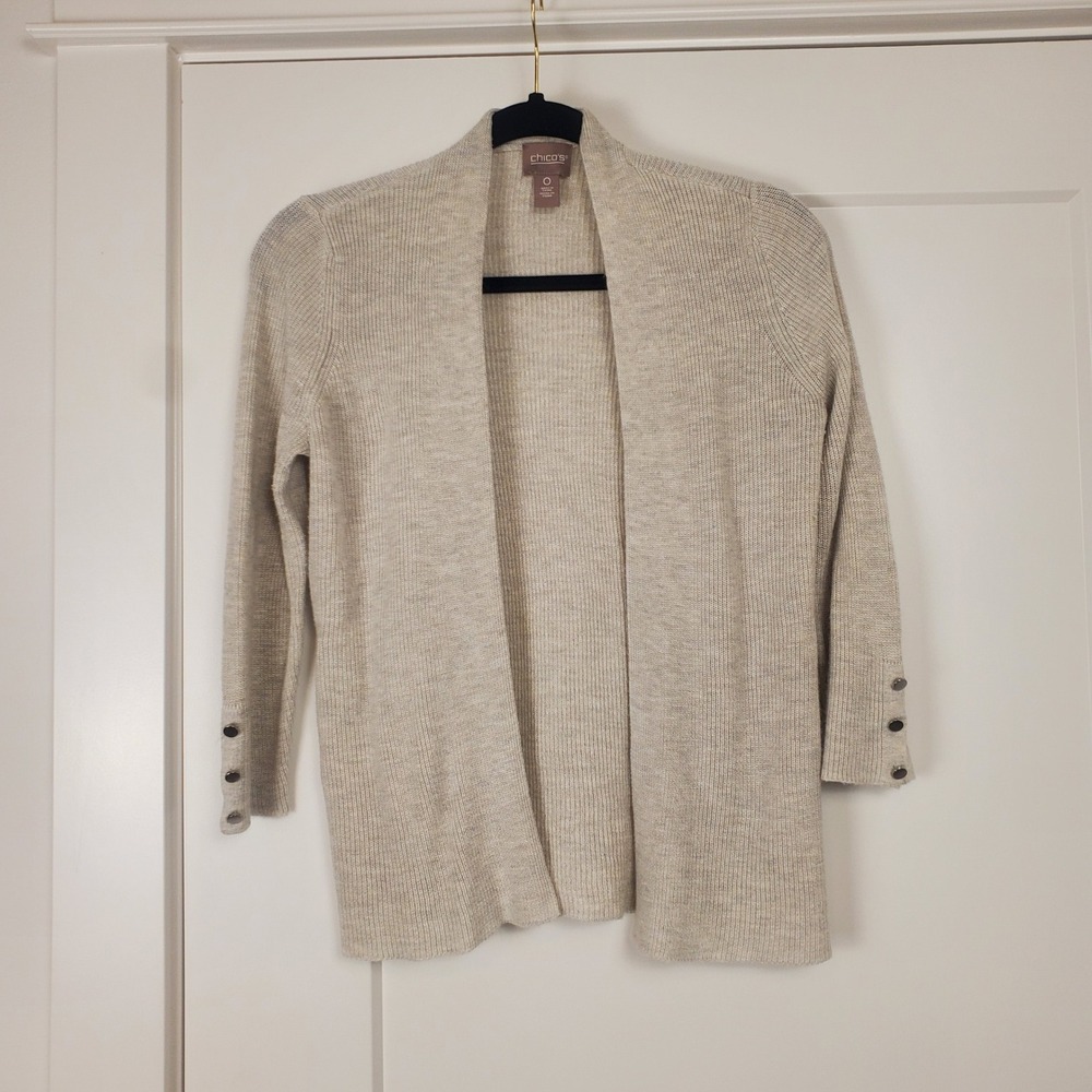 Chicos Cardigan Womens 0 Beige Ribbed Cashmere Blend Open Front Button Cuff